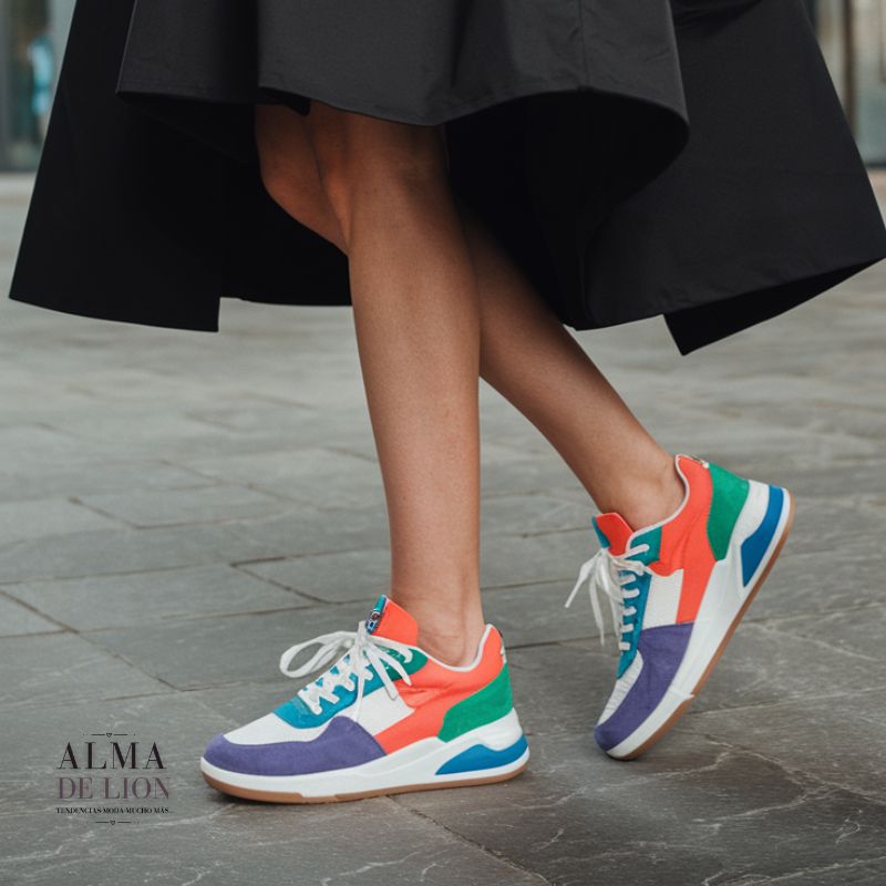 Una mujer con un vestido midi floral y tenis blancos en un ambiente urbano o en un parque. El look es casual y femenino, y la luz natural destaca los colores del vestido y el contraste relajado de (1)