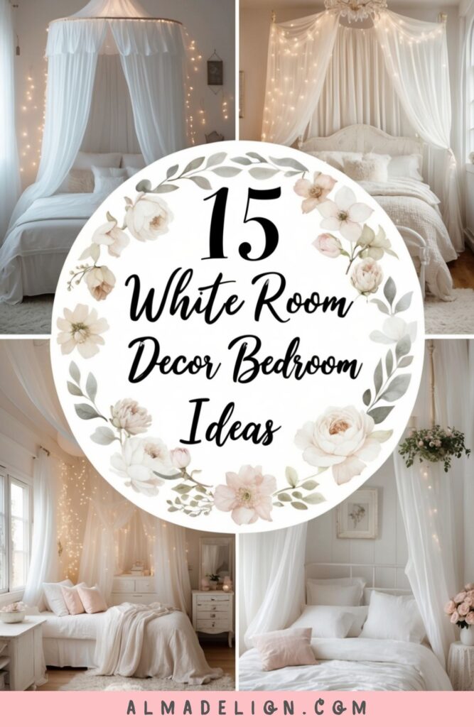 A white boho bedroom with layered textures, floating fabrics, white macramé wall hangings, pampas grass, and lots of plants. Warm sunlight, cozy and dreamy. (13)