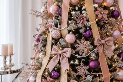Elegant living room with a pink and purple Christmas tree