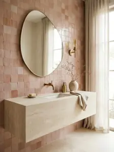 Elegant blush pink bathroom with dusty rose tile, brass fixtures, and creamy stone vanity