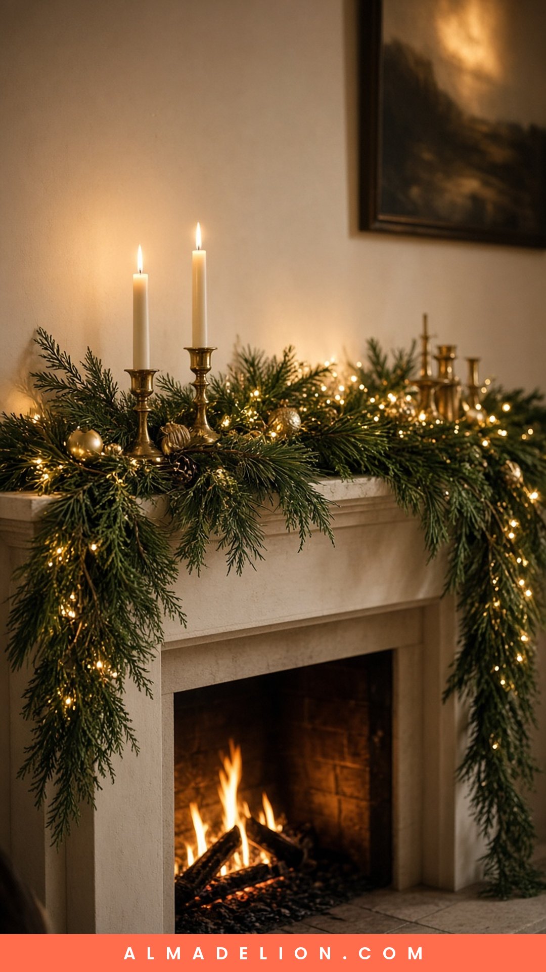 Christmas mantel decor with a lush evergreen garland and warm fairy lights above a lit fireplace