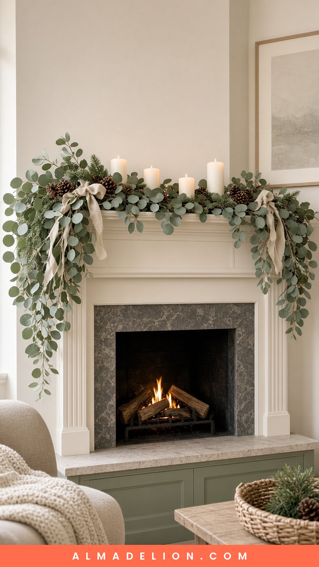 Neutral Christmas mantel with eucalyptus, pine, pinecones and white candles