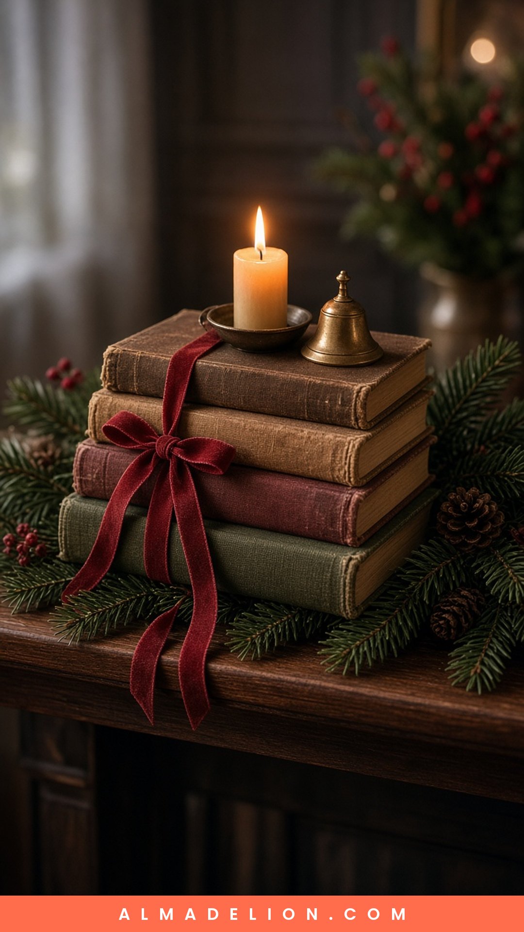 Stacked vintage books tied with ribbon and topped with a candle on a Christmas mantel