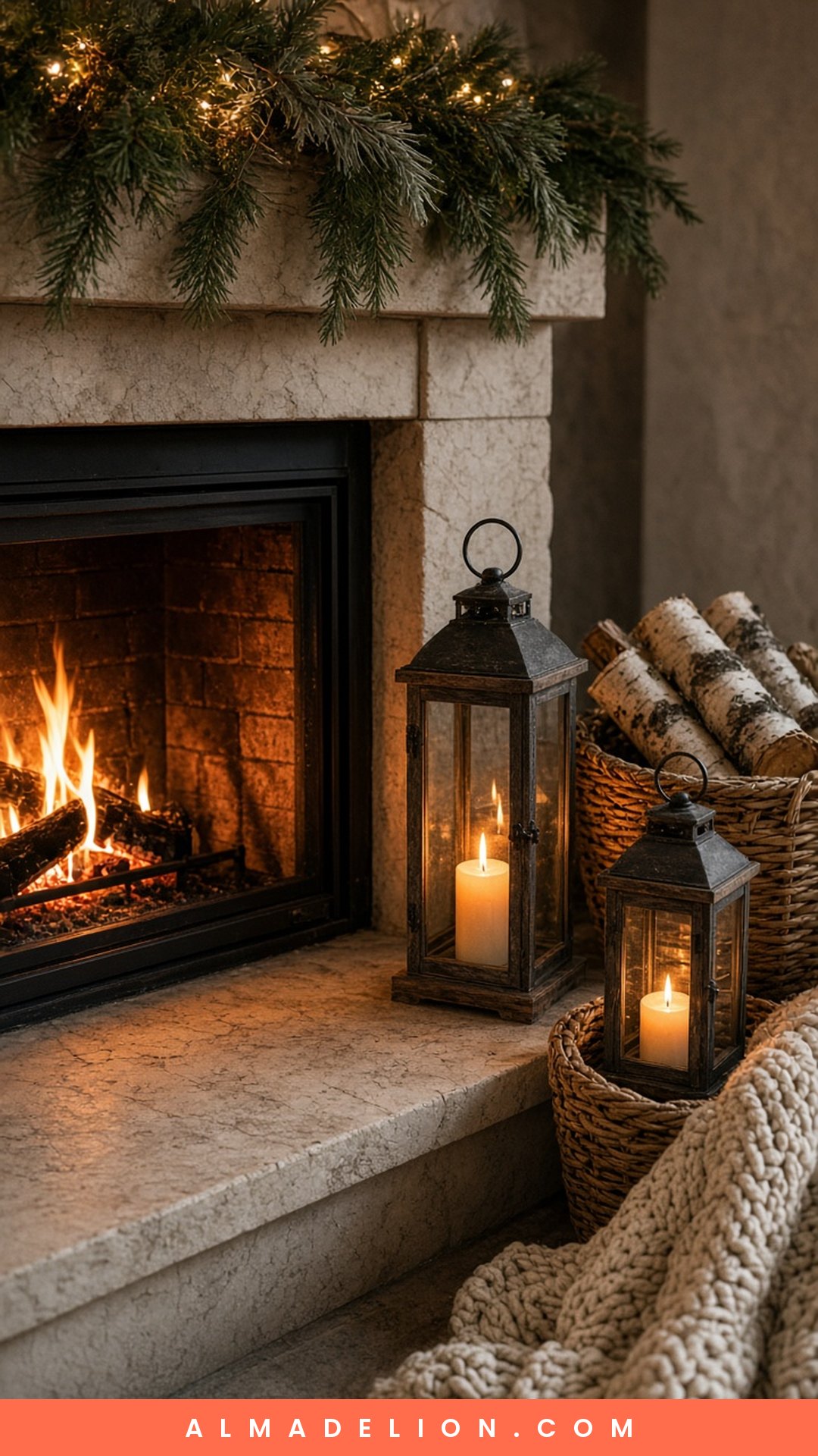 Candlelit lanterns, log basket and throw blanket on a cozy Christmas hearth