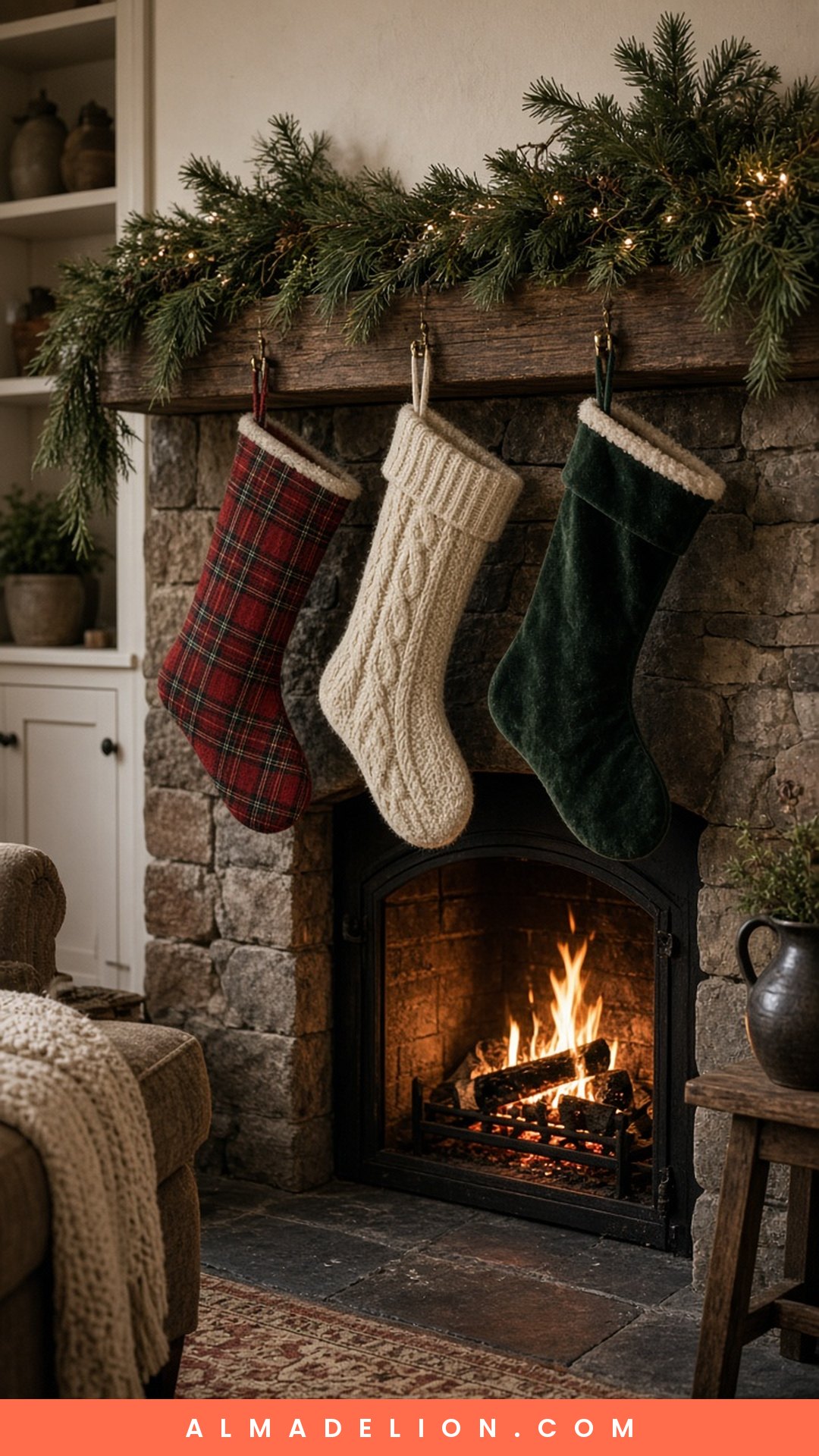 Tartan, knit and velvet Christmas stockings hanging from a cozy fireplace mantel