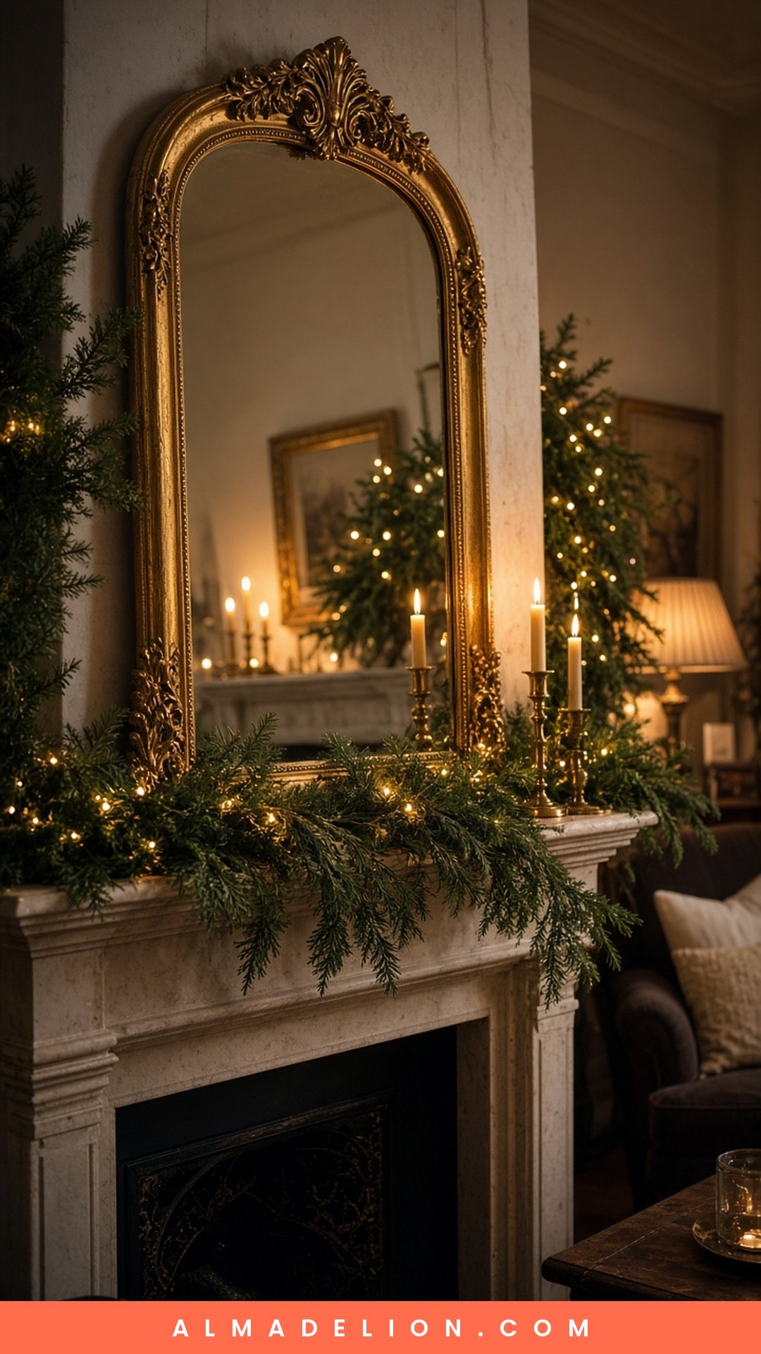 Gilded antique mirror framed with evergreen garland and candles on a Christmas mantel