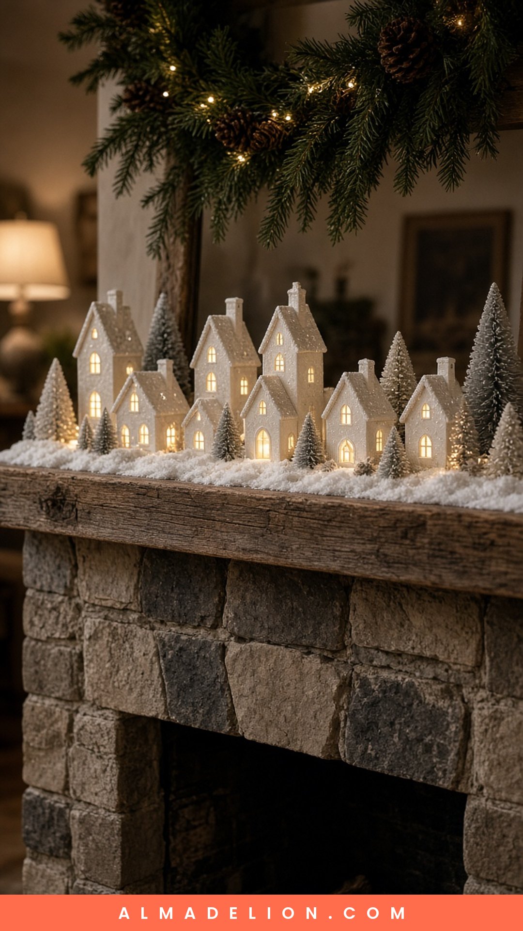 Mini Christmas village with ceramic houses and bottle brush trees on a fireplace mantel