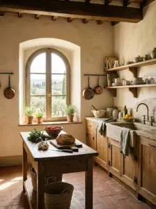 Warm Italian kitchen with terracotta, cream, sage, natural stone, and aged oak