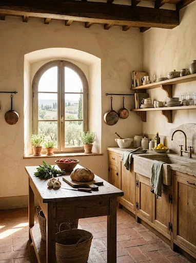 Warm Italian kitchen with terracotta, cream, sage, natural stone, and aged oak
