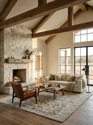 Modern ranch living room with limestone fireplace, oak beams, cream sofa, and leather chair