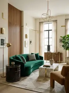 Neo Deco living room with emerald curved sofa, brass details, and sculptural lighting